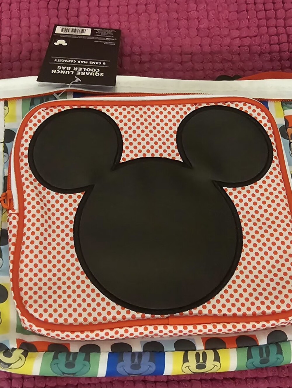 Disney Kids Lunch Bag with Black Mickey Silhouette on Orange Polka Dot